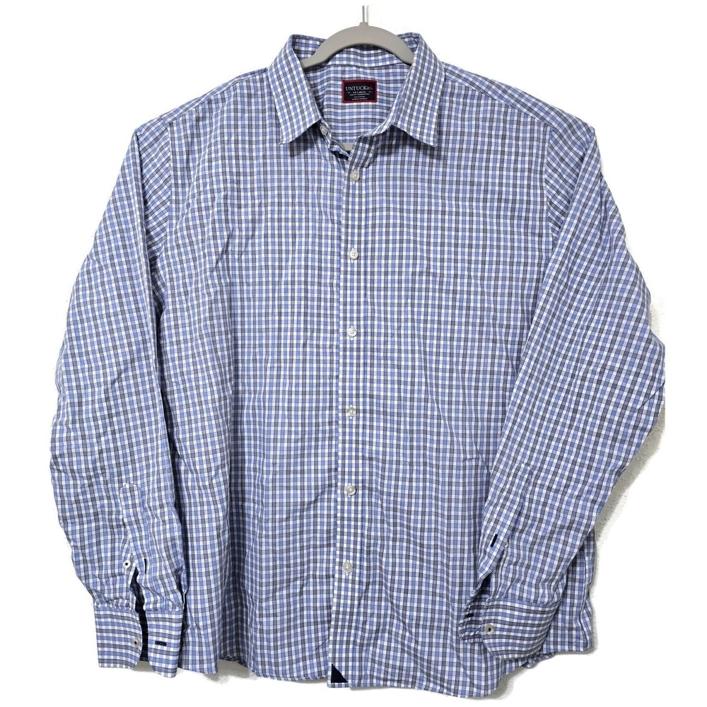 UNTUCKit Shirt Mens Durif WF 2XL Blue Check Long Sleeve Slim Fit Wrinkle‎ Free